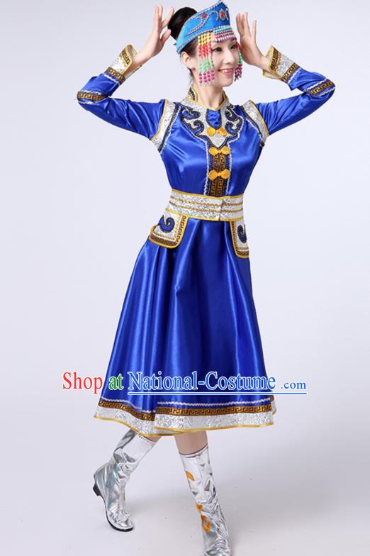 Chinese Traditional Mongol Nationality Stage Show Royalblue Short Dress Mongolian Ethnic Folk Dance Costume for Women