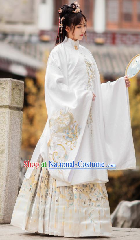 Chinese Traditional Ming Dynasty Royal Princess White Brocade Blouse and Skirt Ancient Palace Lady Costumes for Women