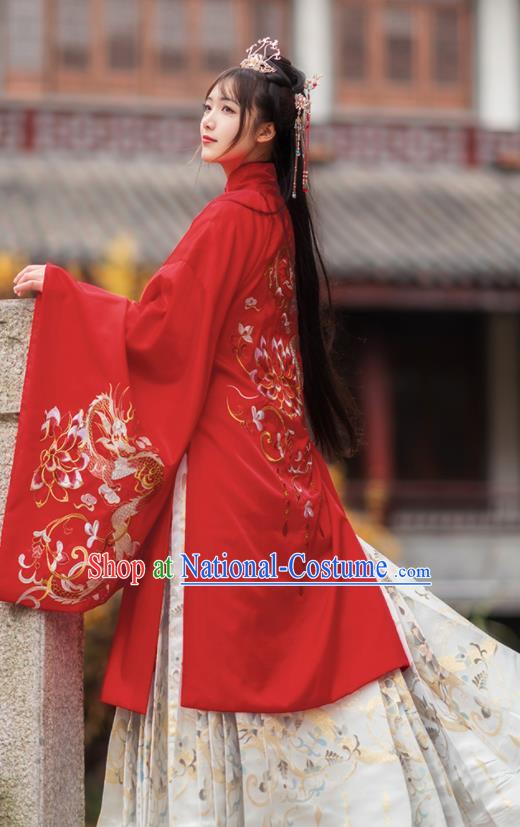 Chinese Traditional Ming Dynasty Princess Wedding Red Brocade Blouse and Skirt Ancient Palace Lady Costumes for Women