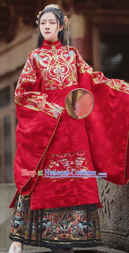 Chinese Traditional Wedding Red Brocade Blouse and Skirt Ancient Ming Dynasty Princess Costumes for Women