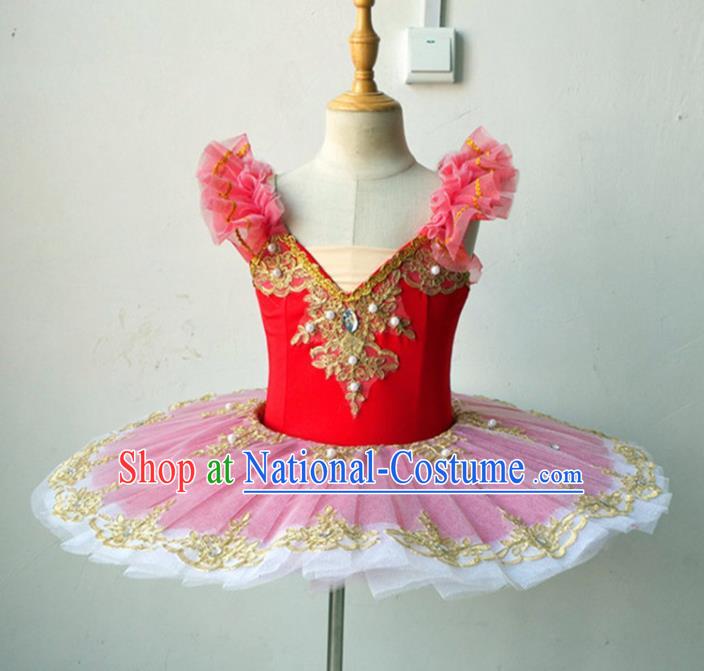 Professional Ballet Dance Tutu Red Bubble Short Dress Modern Dance Ballerina Stage Performance Costume for Kids