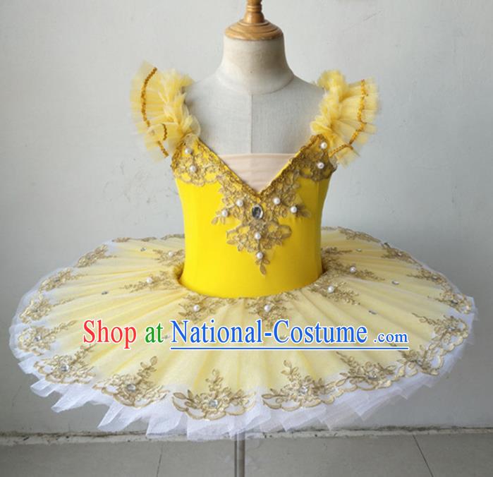 Professional Ballet Dance Tutu Yellow Bubble Short Dress Modern Dance Ballerina Stage Performance Costume for Kids