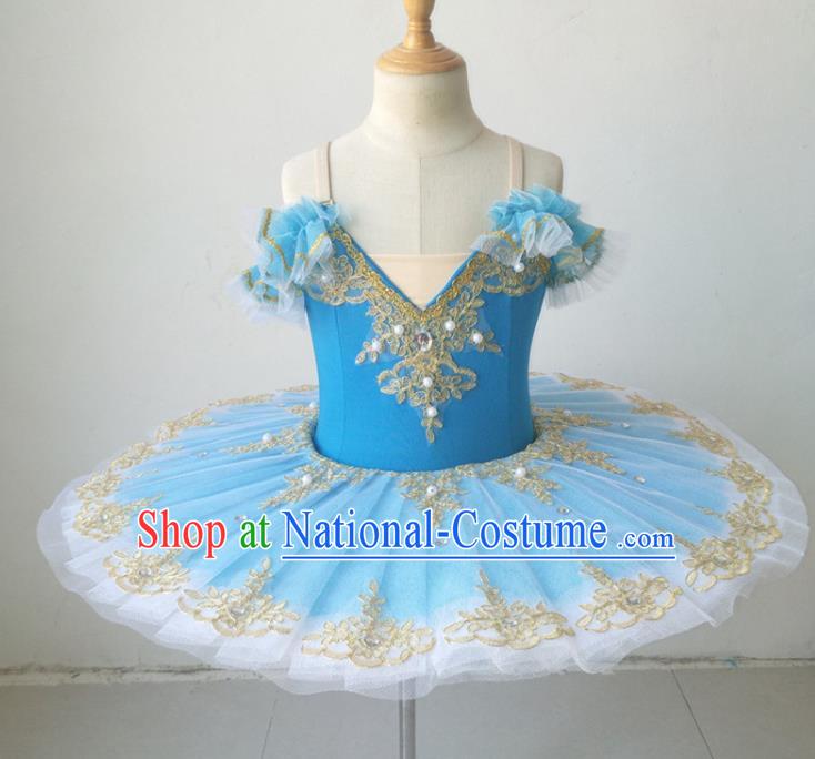 Professional Ballet Dance Tutu Blue Bubble Short Dress Modern Dance Ballerina Stage Performance Costume for Kids