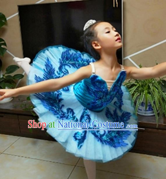 Professional Ballet Dance Blue Tutu Short Dress Modern Dance Ballerina Stage Performance Costume for Kids