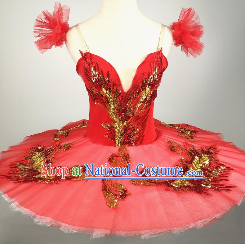 Professional Ballet Dance Red Tutu Short Dress Modern Dance Ballerina Stage Performance Costume for Kids