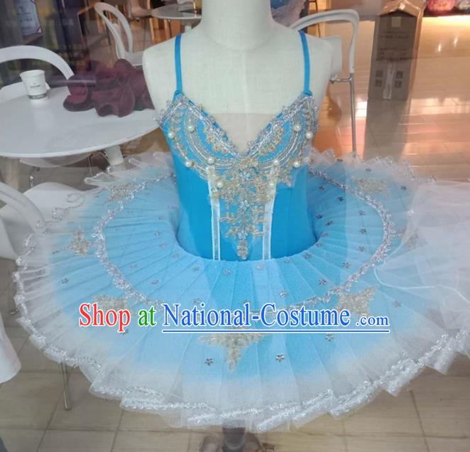 Professional Children Ballet Tutu Blue Veil Short Dress Modern Dance Ballerina Stage Performance Costume for Kids