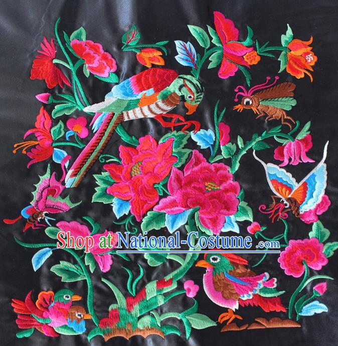 Chinese Traditional Embroidered Flowers Bird Black Applique Embroidery Patch Embroidery Craft Accessories