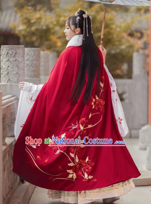 Chinese Traditional Hanfu Embroidered Peony Red Cloak Ancient Royal Princess Cape Costumes for Women