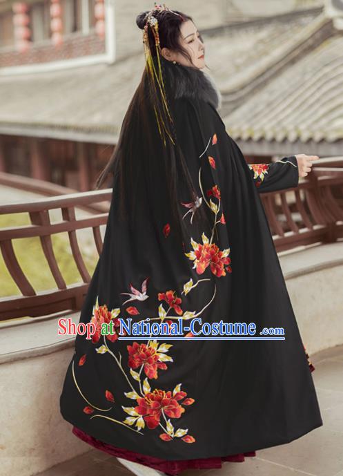 Chinese Traditional Ming Dynasty Hanfu Embroidered Peony Black Cloak Ancient Royal Princess Cape Costumes for Women