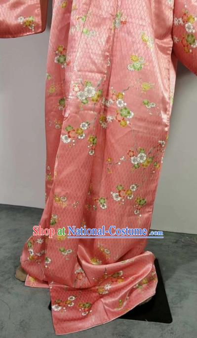 Traditional Japan Geisha Printing Sakura Pink Brocade Furisode Kimono Asian Japanese Fashion Apparel Costume for Women