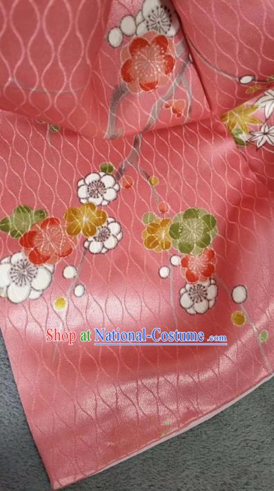 Traditional Japan Geisha Printing Sakura Pink Brocade Furisode Kimono Asian Japanese Fashion Apparel Costume for Women