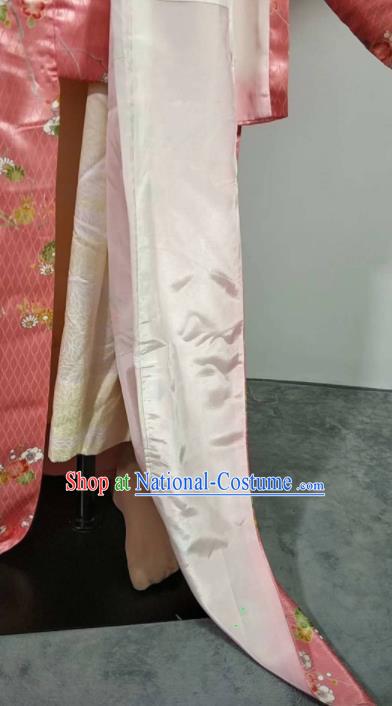 Traditional Japan Geisha Printing Sakura Pink Brocade Furisode Kimono Asian Japanese Fashion Apparel Costume for Women