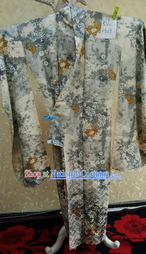 Traditional Japan Geisha Printing Peony Grey Silk Furisode Kimono Asian Japanese Fashion Apparel Costume for Women