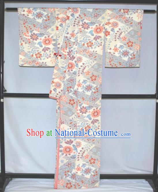 Traditional Japan Geisha Printing Silk Furisode Kimono Asian Japanese Fashion Apparel Costume for Women