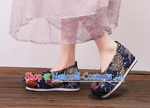 Asian Chinese Traditional Navy Satin Embroidered Shoes Princess Shoes Opera Shoes Hanfu Shoes for Women