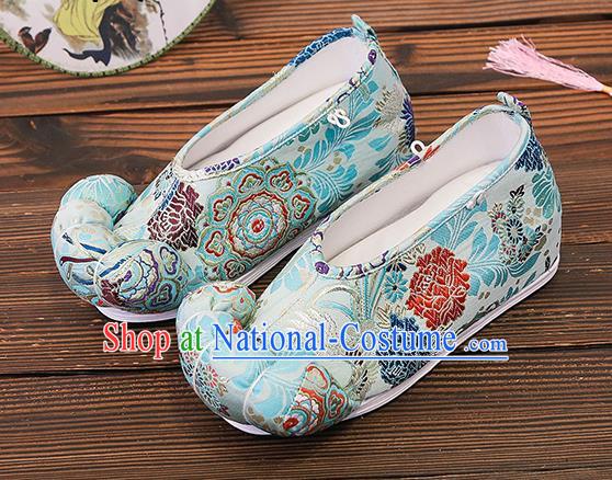 Asian Chinese Traditional Light Blue Satin Embroidered Shoes Princess Shoes Opera Shoes Hanfu Shoes for Women