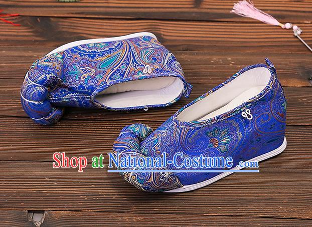 Asian Chinese Traditional Blue Satin Embroidered Shoes Princess Shoes Opera Shoes Hanfu Shoes for Women