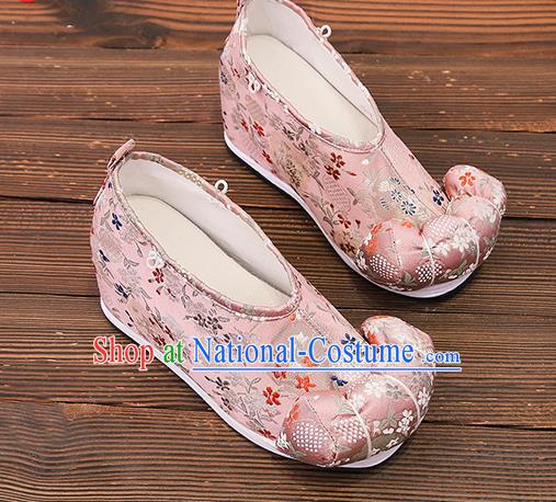 Asian Chinese Traditional Pink Satin Embroidered Shoes Princess Shoes Opera Shoes Hanfu Shoes for Women