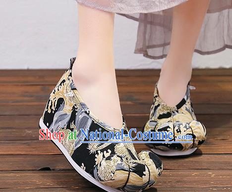 Chinese Traditional Classical Dragon Pattern Black Satin Embroidered Shoes Princess Shoes Opera Shoes Hanfu Shoes for Women