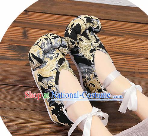 Chinese Traditional Classical Dragon Pattern Black Satin Embroidered Shoes Princess Shoes Opera Shoes Hanfu Shoes for Women