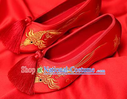 Chinese Traditional Red Embroidered Carp Shoes Opera Shoes Hanfu Shoes Wedding Shoes for Women