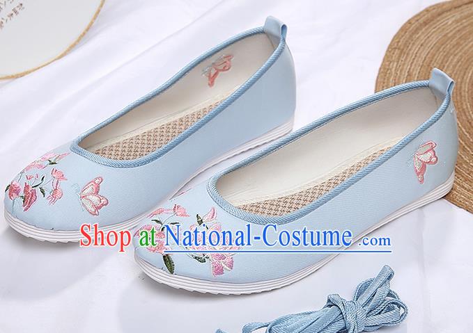 Chinese Traditional Blue Embroidered Flowers Butterfly Shoes Opera Shoes Hanfu Shoes Wedding Shoes for Women