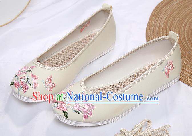 Chinese Traditional Beige Embroidered Flowers Butterfly Shoes Opera Shoes Hanfu Shoes Wedding Shoes for Women