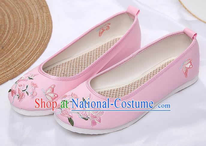 Chinese Traditional Pink Embroidered Flowers Butterfly Shoes Opera Shoes Hanfu Shoes Wedding Shoes for Women