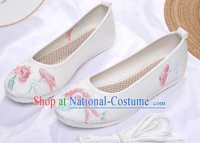 Chinese Traditional White Embroidered Peony Shoes Opera Shoes Hanfu Shoes Wedding Shoes for Women