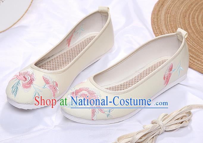 Chinese Traditional Beige Embroidered Peony Shoes Opera Shoes Hanfu Shoes Wedding Shoes for Women