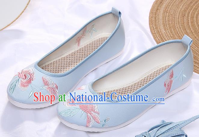 Chinese Traditional Blue Embroidered Peony Shoes Opera Shoes Hanfu Shoes Wedding Shoes for Women