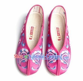 Chinese Traditional Embroidered Rosy Shoes Opera Shoes Hanfu Shoes Satin Shoes for Women