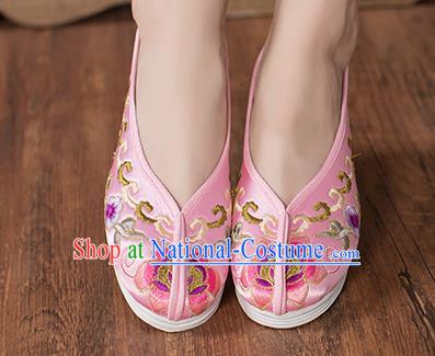 Chinese Traditional Pink Satin Embroidered Shoes Opera Shoes Hanfu Shoes Wedding Shoes for Women