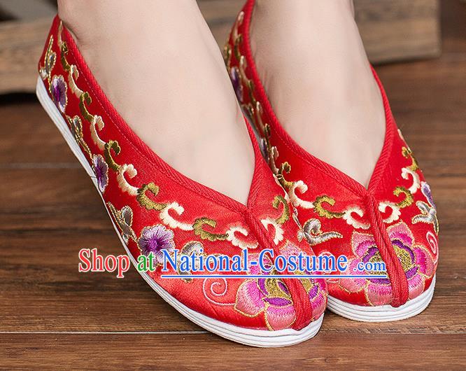 Chinese Traditional Red Satin Embroidered Shoes Opera Shoes Hanfu Shoes Wedding Shoes for Women