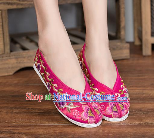 Chinese Traditional Rosy Satin Embroidered Shoes Opera Shoes Hanfu Shoes Wedding Shoes for Women