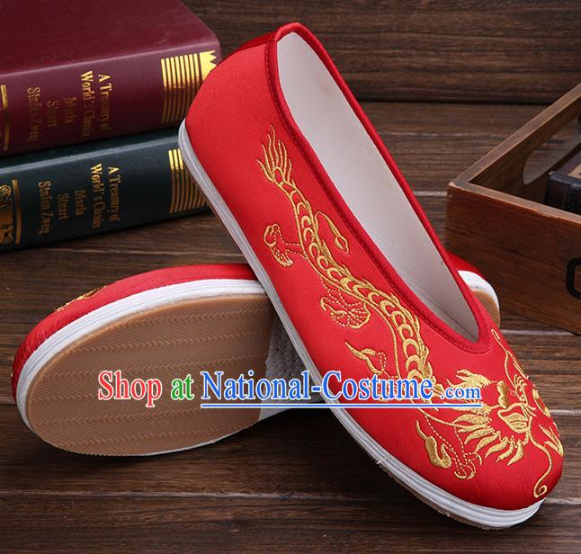 Chinese Traditional Red Embroidered Dragon Shoes Handmade Hanfu Shoes Wedding Shoes for Men