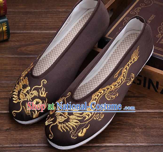 Chinese Traditional Brown Embroidered Dragon Shoes Handmade Hanfu Shoes Wedding Shoes for Men