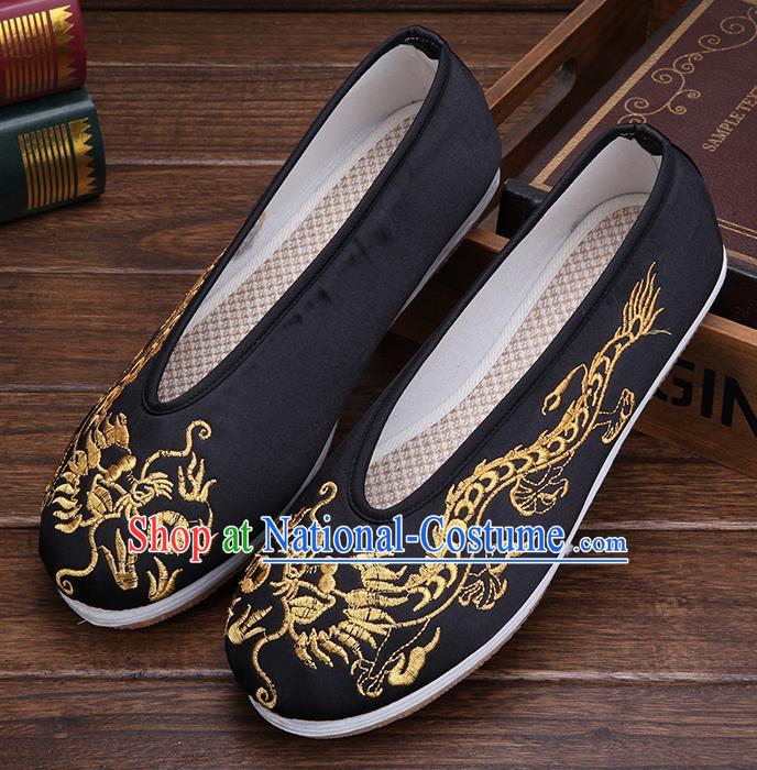 Chinese Traditional Black Embroidered Dragon Shoes Handmade Hanfu Shoes Wedding Shoes for Men