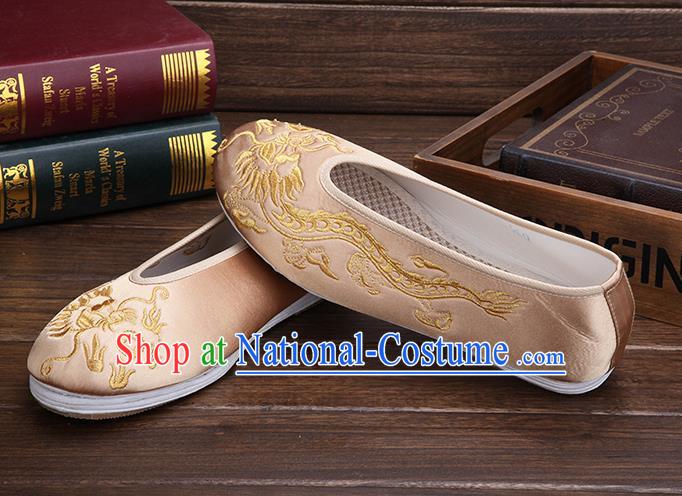 Chinese Traditional Beige Embroidered Dragon Shoes Handmade Hanfu Shoes Wedding Shoes for Men