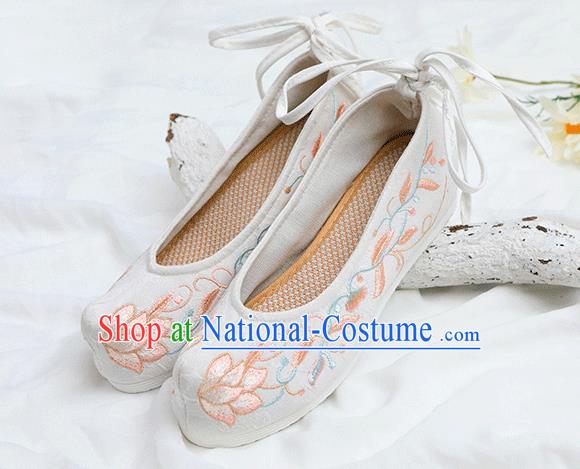 Chinese Traditional Embroidered Lotus White Shoes Opera Shoes Hanfu Shoes Wedding Shoes for Women