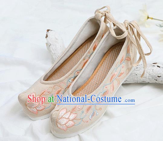 Chinese Traditional Embroidered Lotus Beige Shoes Opera Shoes Hanfu Shoes Wedding Shoes for Women