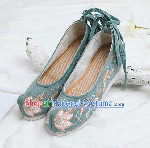 Chinese Traditional Embroidered Lotus Green Shoes Opera Shoes Hanfu Shoes Wedding Shoes for Women