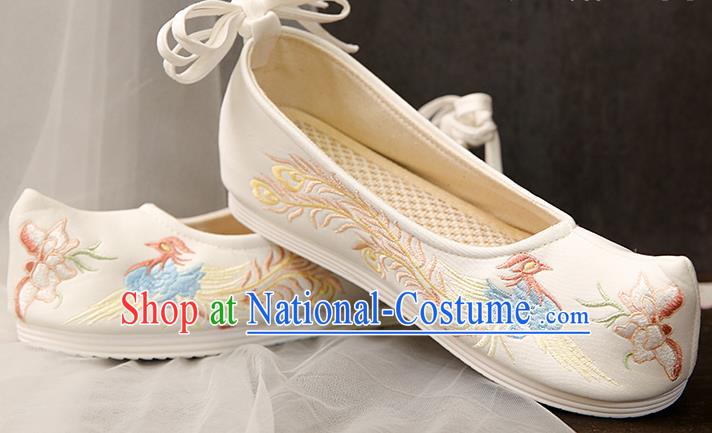 Chinese Traditional White Embroidered Phoenix Peony Shoes Opera Shoes Hanfu Shoes Wedding Shoes for Women