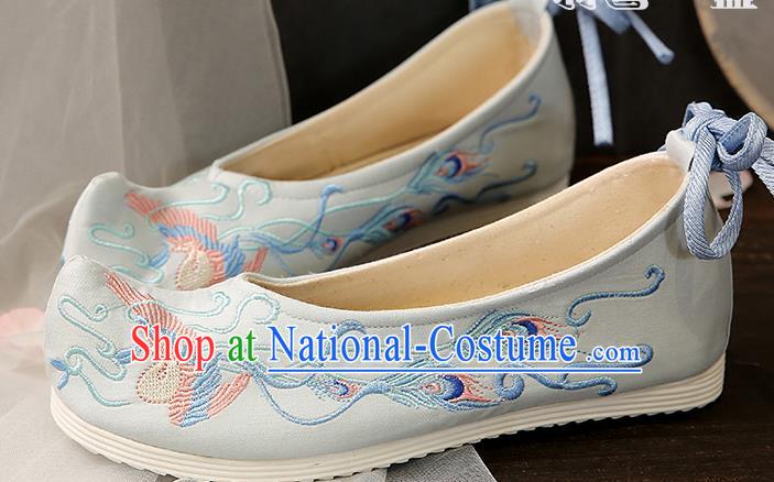 Chinese Traditional Blue Embroidered Phoenix Shoes Opera Shoes Hanfu Shoes Wedding Shoes for Women