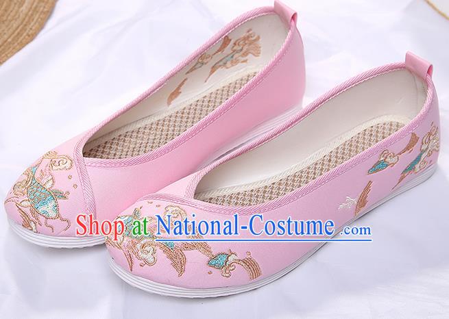 Chinese Traditional Pink Embroidered Carp Shoes Opera Shoes Hanfu Shoes Wedding Shoes for Women