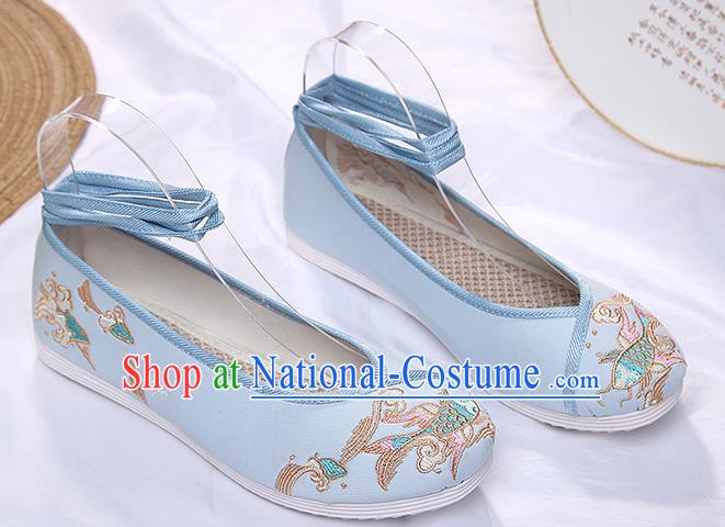 Chinese Traditional Blue Embroidered Carp Shoes Opera Shoes Hanfu Shoes Wedding Shoes for Women