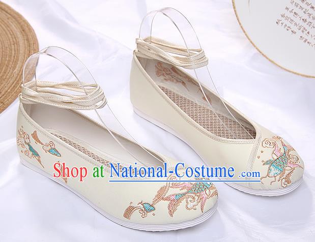 Chinese Traditional Beige Embroidered Carp Shoes Opera Shoes Hanfu Shoes Wedding Shoes for Women