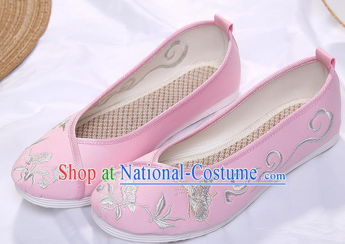 Chinese Traditional Pink Embroidered Butterfly Orchid Shoes Opera Shoes Hanfu Shoes Wedding Shoes for Women