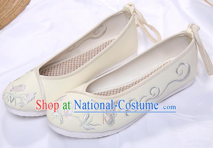 Chinese Traditional Beige Embroidered Butterfly Orchid Shoes Opera Shoes Hanfu Shoes Wedding Shoes for Women