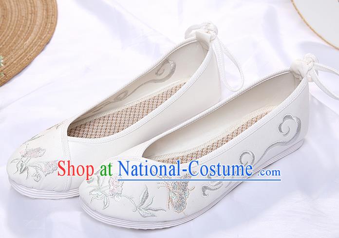 Chinese Traditional White Embroidered Butterfly Orchid Shoes Opera Shoes Hanfu Shoes Wedding Shoes for Women